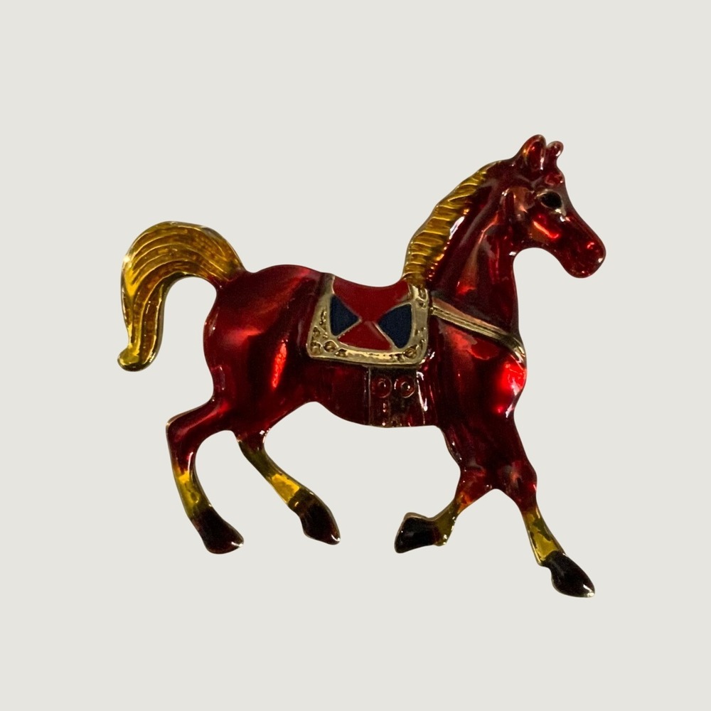 Vintage Red Enamel Horse Brooch Pin Gold Tone Equestrian Jewelry